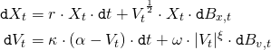 Rendered by QuickLaTeX.com \begin{align*} \mathtt{d} X_t &= r \cdot X_t \cdot \mathtt{d}t + V_t^{\scriptscriptstyle \frac{1}{2}} \cdot X_t \cdot \mathtt{d}B_{x,t} \\ \mathtt{d} V_t &= \kappa \cdot \left( \alpha - V_t \right) \cdot \mathtt{d}t + \omega \cdot | V_t |^\xi \cdot \mathtt{d}B_{v,t} \end{align*}