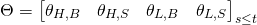 Rendered by QuickLaTeX.com \begin{align*} \Theta &= \begin{bmatrix} \theta_{H,B} & \theta_{H,S} & \theta_{L,B} & \theta_{L,S} \end{bmatrix}_{s \leq t} \end{align*}