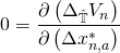 Rendered by QuickLaTeX.com \begin{align*} 0 &= \frac{\partial \left( \Delta_{\hat{\mathbb{T}}} V_n \right)}{\partial \left( \Delta x_{n,a}^* \right)} \end{align*}