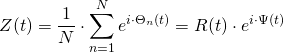 \begin{align*} Z(t) &= \frac{1}{N} \cdot \sum_{n=1}^N e^{i \cdot \Theta_n(t)} = R(t) \cdot e^{i \cdot \Psi(t)} \end{align*}