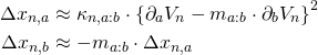 Rendered by QuickLaTeX.com \begin{align*} \Delta x_{n,a} &\approx \kappa_{n,a:b} \cdot \left\{ \partial_a V_n - m_{a:b} \cdot \partial_b V_n \right\}^2 \\ \Delta x_{n,b} &\approx - m_{a:b} \cdot \Delta x_{n,a} \end{align*}