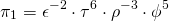 \begin{align*} \pi_1 &= \epsilon^{-2} \cdot \tau^{6} \cdot \rho^{-3} \cdot \phi^{5} \end{align*}
