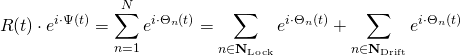 \begin{align*} R(t) \cdot e^{i \cdot \Psi(t)} &= \sum_{n=1}^N e^{i \cdot \Theta_n(t)} = \sum_{n \in \mathbf{N}_{\mathrm{Lock}}} e^{i \cdot \Theta_n(t)} + \sum_{n \in \mathbf{N}_{\mathrm{Drift}}} e^{i \cdot \Theta_n(t)} \end{align*}