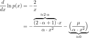 \begin{align*} \frac{d}{dx} \ln p(x) &= - \frac{2}{x} \\ &= - \frac{\overbrace{(2 \cdot \alpha + 1)}^{\approx 2 \cdot \alpha} \cdot x}{\alpha \cdot x^2} - \underbrace{\left(\frac{\mu}{\alpha \cdot x^2}\right)}_{\approx 0} \end{align*}