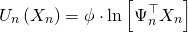 \begin{align*} U_n \left( X_n \right) &= \phi \cdot \ln \left[ \Psi_n^{\top} X_n \right] \end{align*}