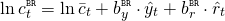 \begin{align*} \ln c_t^{\scriptscriptstyle \mathtt{BR}} &= \ln \bar{c}_t + b_y^{\scriptscriptstyle \mathtt{BR}} \cdot \hat{y}_t + b_r^{\scriptscriptstyle \mathtt{BR}} \cdot \hat{r}_t \end{align*}