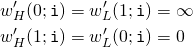 Rendered by QuickLaTeX.com \begin{align*} w_H'(0;\mathtt{i}) &= w_L'(1;\mathtt{i}) = \infty \\ w_H'(1;\mathtt{i}) &= w_L'(0;\mathtt{i}) = 0 \end{align*}