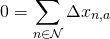 Rendered by QuickLaTeX.com \begin{align*} 0 &= \sum_{n \in \mathcal{N}} \Delta x_{n,a} \end{align*}