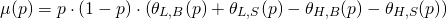 Rendered by QuickLaTeX.com \begin{align*} \mu(p) &= p \cdot \left( 1 - p \right) \cdot \left( \theta_{L,B}(p) + \theta_{L,S}(p) - \theta_{H,B}(p) - \theta_{H,S}(p) \right) \end{align*}