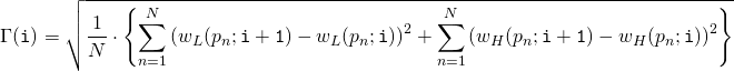Rendered by QuickLaTeX.com \begin{align*} \Gamma(\mathtt{i}) &= \sqrt{ \frac{1}{N} \cdot \left\{ \sum_{n=1}^N \left(w_L(p_n;\mathtt{i+1}) - w_L(p_n;\mathtt{i}) \right)^2 + \sum_{n=1}^N \left(w_H(p_n;\mathtt{i+1}) - w_H(p_n;\mathtt{i}) \right)^2 \right\} } \end{align*}