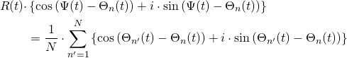 \begin{align*} R(t) \cdot &\left\{ \cos\left(\Psi(t) - \Theta_n(t) \right) + i \cdot \sin\left(\Psi(t) - \Theta_n(t) \right) \right\}  \\ &= \frac{1}{N} \cdot \sum_{n'=1}^N \left\{ \cos\left(\Theta_{n'}(t) - \Theta_n(t)\right) + i \cdot \sin\left(\Theta_{n'}(t) - \Theta_n(t) \right) \right\} \end{align*}