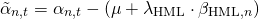 \begin{align*} \tilde{\alpha}_{n,t} &= \alpha_{n,t} - \left( \mu + \lambda_{\mathrm{HML}} \cdot \beta_{\mathrm{HML},n} \right) \end{align*}