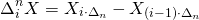 Rendered by QuickLaTeX.com \begin{align*} \Delta_i^n X &= X_{i \cdot \Delta_n} - X_{(i - 1) \cdot \Delta_n} \end{align*}