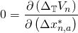 Rendered by QuickLaTeX.com \begin{align*} 0 &= \frac{\partial \left( \Delta_{\mathbb{T}} V_n \right)}{\partial \left( \Delta x_{n,a}^* \right)} \end{align*}