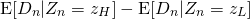 \begin{align*} \mathrm{E}[D_n | Z_n = z_H] - \mathrm{E}[D_n | Z_n = z_L ] \end{align*}