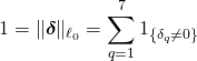 Rendered by QuickLaTeX.com \begin{align*} 1 &= \Vert {\boldsymbol \delta} \Vert_{\ell_0} = \sum_{q=1}^7 1_{\{\delta_q \neq 0\}} \end{align*}
