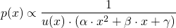 \begin{align*} p(x) &\propto \frac{1}{u(x) \cdot (\alpha \cdot x^2 + \beta \cdot x + \gamma)} \end{align*}