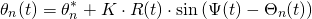 \begin{align*} \theta_n(t) &= \theta_n^* + K \cdot R(t) \cdot \sin\left(\Psi(t) - \Theta_n(t)\right) \end{align*}