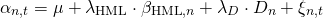 \begin{align*} \alpha_{n,t} &= \mu + \lambda_{\mathrm{HML}} \cdot \beta_{\mathrm{HML},n} + \lambda_D \cdot D_n + \xi_{n,t} \end{align*}