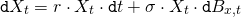 Rendered by QuickLaTeX.com \begin{align*} \mathtt{d}X_t &= r \cdot X_t \cdot \mathtt{d}t + \sigma \cdot X_t \cdot \mathtt{d}B_{x,t} \end{align*}