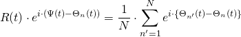 \begin{align*} R(t) \cdot e^{i \cdot (\Psi(t) - \Theta_n(t) )} &= \frac{1}{N} \cdot \sum_{n'=1}^N e^{i \cdot \left\{ \Theta_{n'}(t) - \Theta_n(t) \right\}} \end{align*}