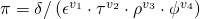 \pi = \delta/\left( \epsilon^{v_1} \cdot \tau^{v_2} \cdot \rho^{v_3} \cdot \phi^{v_4} \right)